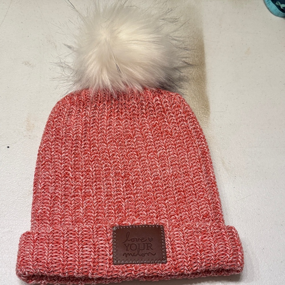 Love Your Melon red Knit Beanie with White Pom